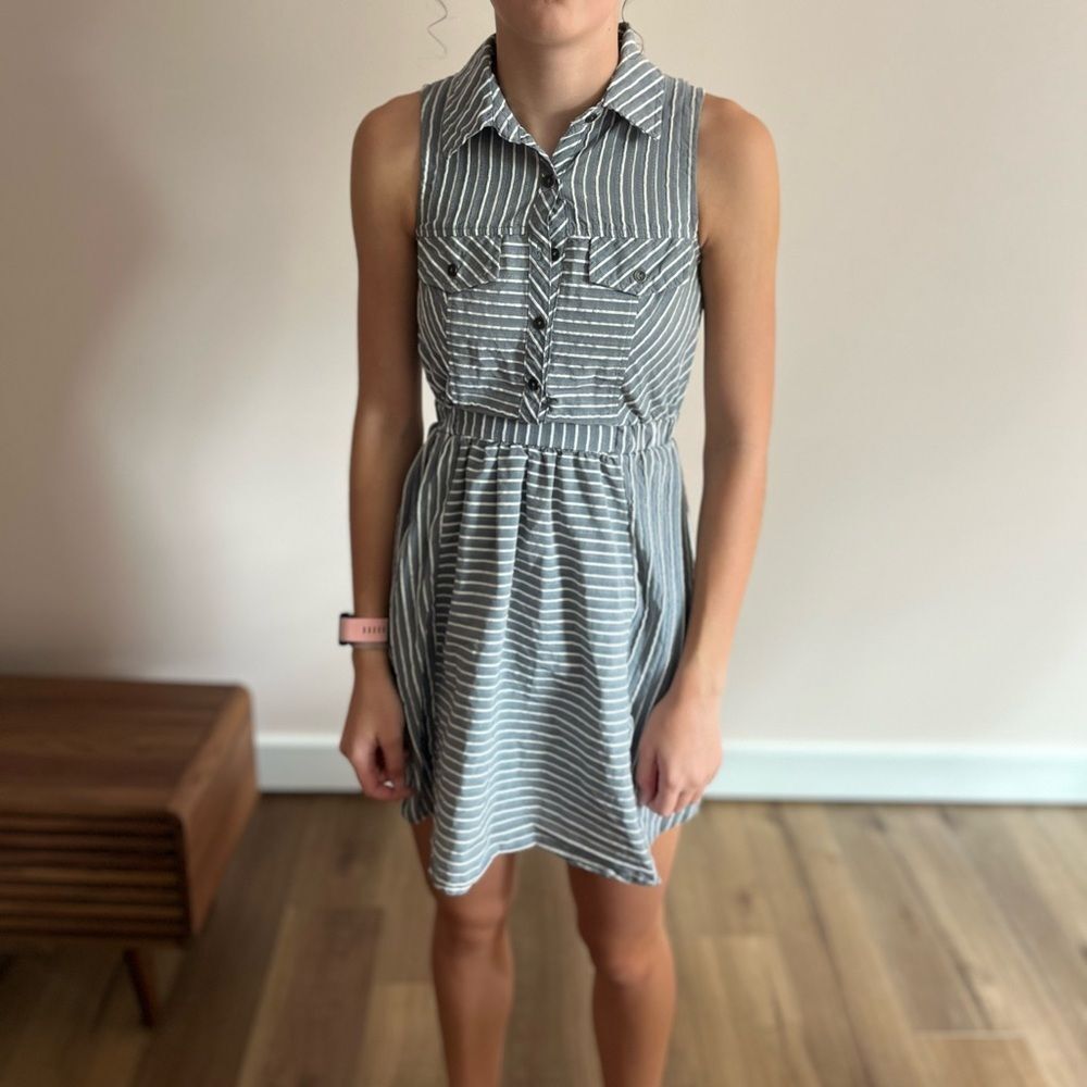 Jolt Fit & Flare Gray‎ & White Striped Dress, Size Small